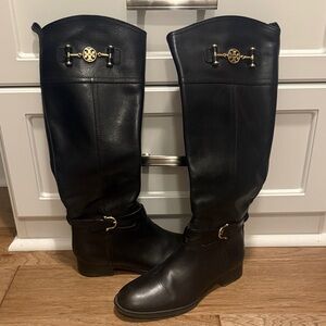 Tory Burch Black Over the Knee Boots with Gold Accents